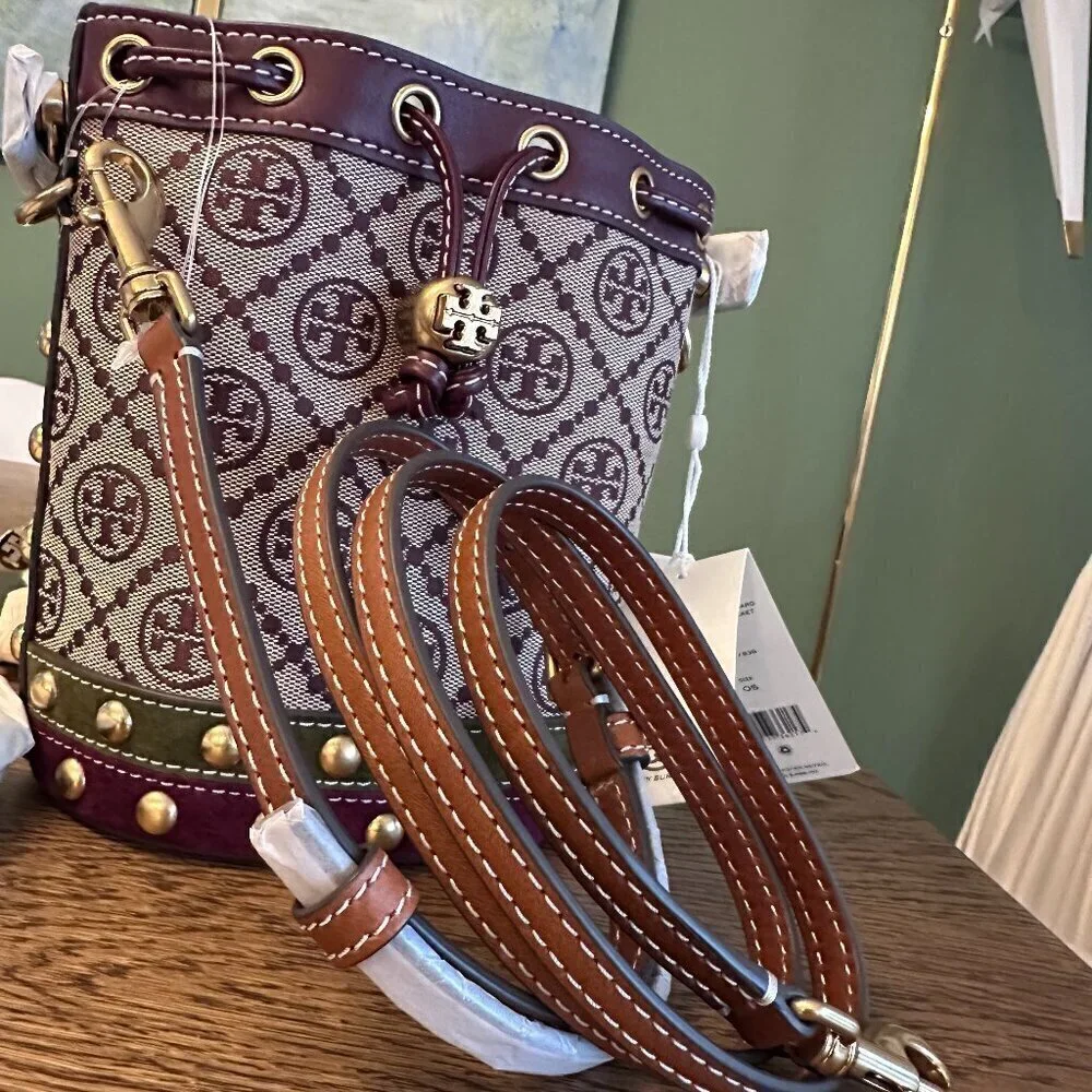 NWT! NEW Tory Burch T Monogram Jacquard Studded Mini Bucket Bag -multi leather